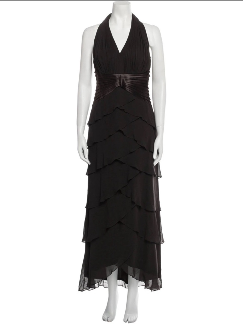 Tadashi Shoji Brown Halter Ruffled Maxi Gown